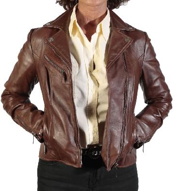 Ladies Cross-Over Tan Leather Biker Jacket - SL1100391